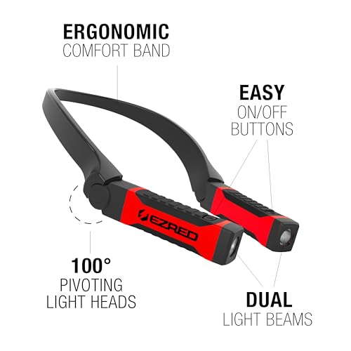 EZRED Bright NK10 ANYWEAR Neck Light for Hands-Free Lighting, Red and Black, Perfect Light for Mechanics, Camping, Hunting, DIY Projects, Reading