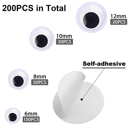 FEBSNOW 200Pcs 6mm-12mm Googly Wiggle Eyes Self Adhesive for DIY Crafts - size: 6mm-12mm