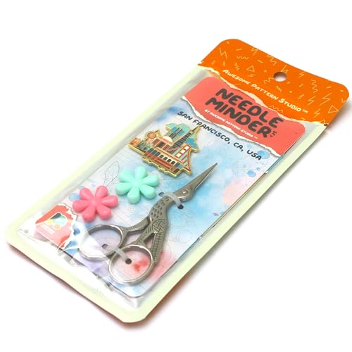 Awesome Pattern Studio Needle Minder Set - San Francisco Magnetic Needle Minder + 2 Needle Threaders + Crane Scissors. Enamel Pin for Cross Stitch, Embroidery and Craft - size: San Francisco Set #2