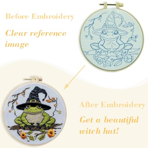 Floral Witch Hat Embroidery Kit Halloween Cross Stitch Material Set with Bat Skull Flower Pumpkin Patterns, DIY Hand Needlepoint Embroidery Craft Kit for Beginners Professional (Witchy Frog) - color: Witchy Frog