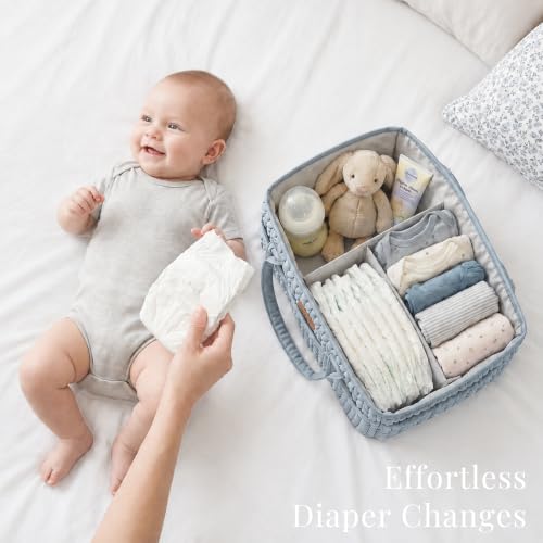 Konssy Baby Diaper Caddy Organizer, Braided Quilted Design with PU Handles - color: Baby Denim