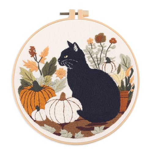 IUHUI Embroidery Kit for Beginners Adults - Black Cat and Pumpkin Themed Halloween Easy Patterns, DIY Hand Stitching Embroidery Set with Hoop (Black Cat Autumn Plant) - color: Black Cat Autumn Plant