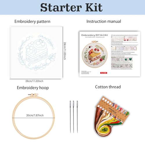 spicssa Embroidery Kit for Beginners Adults, Cross Stitch Kits with Pre-Stamped Patterns, 7.8-Inch Hoop, Threads & Needles, Step by Step Instructions, DIY Needlepoint Craft Women - color: Cake