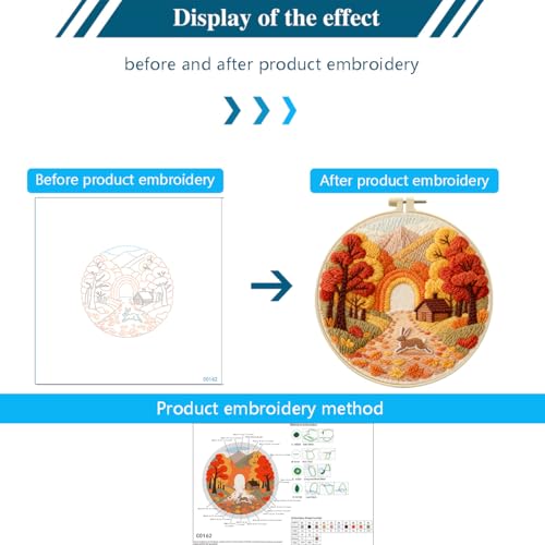 Zhenqing Autumn Forest Rabbit Embroidery Kit for Beginners, Fall Animal Craft Set with 20cm Hoop, Printed Design on 29x29cm Cotton Fabric, DIY Cozy Wall Art (C0162) - color: Autumn Forest Rabbit