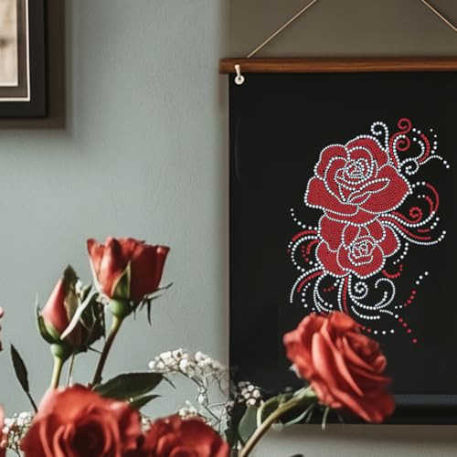 1 Pc Red Rose Pattern Rhinestone Iron on Hotfix Transfer Decal, Bling DIY Patch Clothing Repair Applique T-Shirt Vest Shoes Hat Jacket Decor Clothing DIY Accessories - style: Curled Flowers