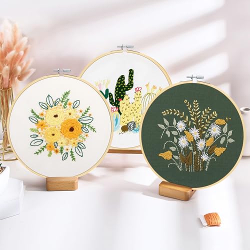 KintKita 3 Sets Floral Embroidery Kit for Adults,Easy DIY Embroidery Kits for Beginners Stamped Cross Stitch Practice Kit, Includes Stamped Flower Pattern, Hoop, Color Threads,Tools - color: Floral Kit