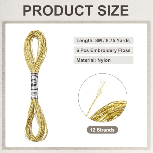PATIKIL 6 Skeins Embroidery Floss, Metallic Embroidery Thread Nylon Threads Bracelets String for Cross-Stitch Hand Embroidery, Light Gold - color: Light Gold