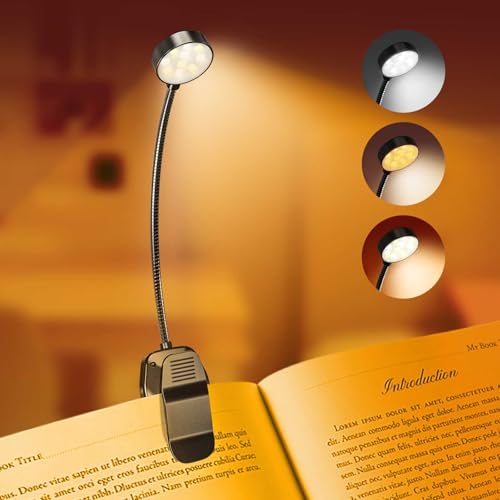 KTEBO Rechargeable Book Light for Reading in Bed, Eye Caring Book Reading Lamp with 10 LED Modes, 1.3 oz Lightweight Portable Clip on Light, 360 Adjustable Clamp Light Perfect for Readers - color: 1 Black