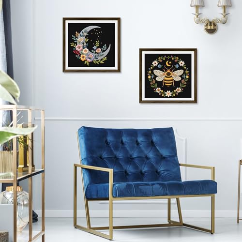 ERKOON Embroidery Kit for Beginners Adult, 2 Set Flower Cross Stitch Set Include Embroidery Cloth Hoops Threads for Craft Lover Hand Stitch with Embroidery Skill Techniques (Bee Moon) - color: Moon and Bee