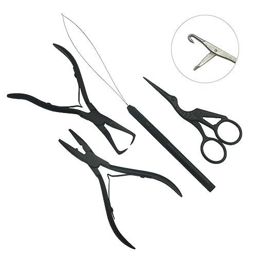 Hair Extension Beading Tool Kit Hair Extensions Micro Link Bead Closer and Remover Pliers and Cutting Scissors Set, Link Micro Ring Loop Needle Pulling Hook Threader Wire for Silicone Rings(Black)