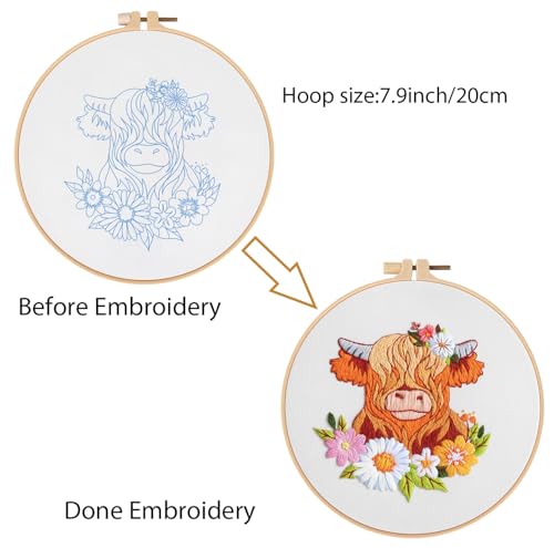 Louise Maelys Highland Cow Embroidery Kit for Beginners Floral DIY - color: kit-12