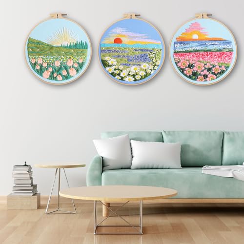 Ohcol 3 Sets Embroidery Kit,Cross Stitch Kits for Beginners,Needlepoint Kits for Adults with Landscape Floral Pattern Hand Crafts,Hoop,Needle