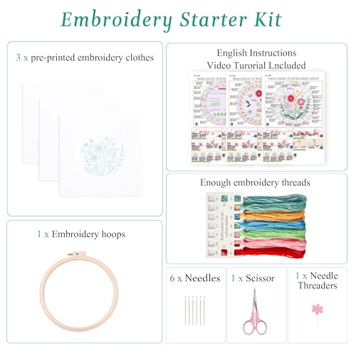 Harimau Bead Embroidery Starter Kit for Beginners (3 Sets) – Basic Flower Stitches, Includes Embroidery Hoop, Diagrams & Step-by-Step Video Tutorials – Gift for Craft Lovers - color: Red