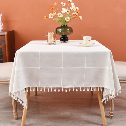 Plaid Farmhouse Tablecloth Checkered Cotton Linen Heavy Weight Table Covers Square 70x70 Inch - color: Off-white, size: 70" x 70" (Square)