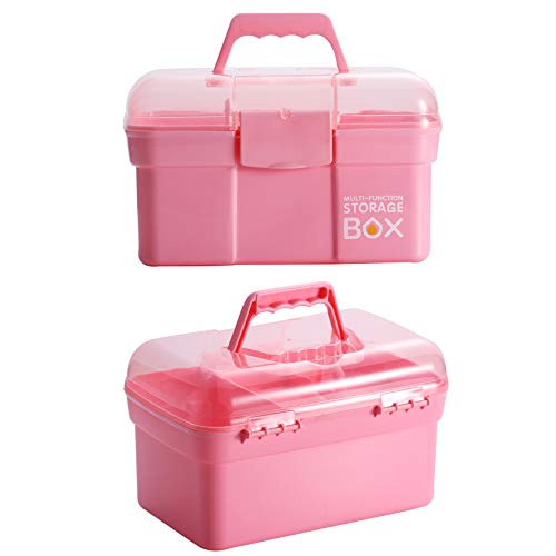 Kinsorcai 11'' Plastic Storage Box with Removable Tray, Multipurpose Organizer and Storage Case for Art Craft and Cosmetic (Pink) - color: Pink
