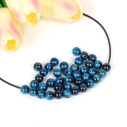 AD Beads Natural Gemstone 8mm Round Loose Beads Big Hole 2.5mm Sized 40pcs (Blue Tiger's Eye) - color: Blue tiger's eye