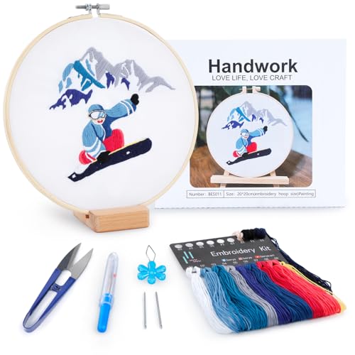 Embroidery Kit for Adult Beginners,Skiers Snow Mountain Embroidery Kit with Step-by-Step Instructions & Video,Printed Cloth,7.87" Hoop,Display Stand,Color Threads and Tools for Craft Lover(BES011) - color: Blue, black and red skier
