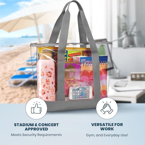Handy Laundry Clear Tote Bag - Zipper Closure, Long Shoulder Strap, Fabric Trimming. - color: Grey