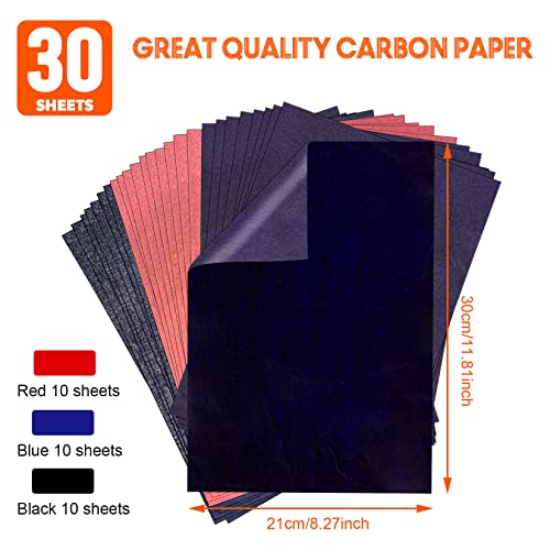 PSLER Carbon Paper for Tracing - 30pcs Graphite Transfer Paper, A4 - color: black&red&blue