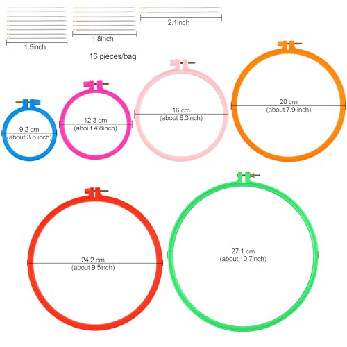 Phinus 6 Pcs Embroidery Hoop 6 Size, Round Plastic Cross Stitch Hoop with 16 Needles (3.6In to 10.7 in), Small Embroidery Hoop, Cross Stitch Hoops, Frames, Embroidery, Craft Sewing(Multicolor) - style: Colorful