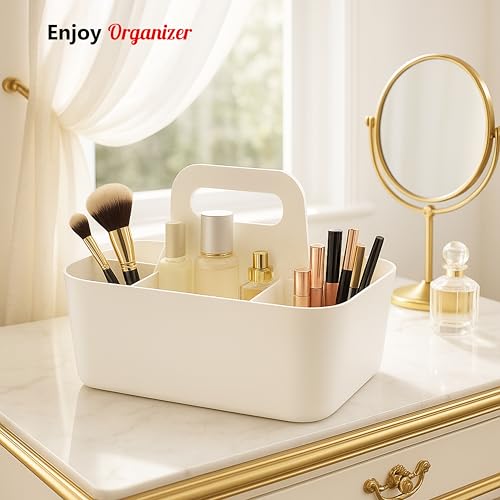 2 Pack Small 6 Compartment Multiuse Caddy Organizer with Handle Art Craft Supplies, Office, Desk, Stationery Pen Holder Stackable- Made In USA (Ivory) - color: Ivory