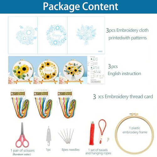Zhenqing Sunflower Embroidery Kit 3 Designs | 11.4"x11.4" Beginner-Friendly Hand Embroidery Set with Hoop & DMC Threads | DIY Home Wall Decor, Mindful Gift for Mothers Day C0005 - color: C0005