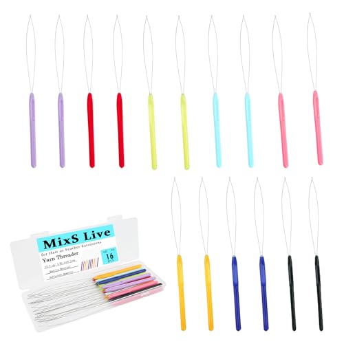 16pcs Hair Extension Loop Needle Threader - 8 Color Plastic Threader Tool for Embroidery, Craft, Quilting, Knitting, Feather Extensions, DIY Craft, Micro Rings, Tufting Gun, Braiding Tools