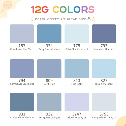 Size 8 Double Mercerized Egyptian Long Staple Cotton Pearl Thread 12 Gradient Colors per Box 5 Grams Ball Rainbow Color Embroidery Thread for Crochet Cross Stitch Hand Embroidery (12G) - color: 12G