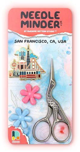 Awesome Pattern Studio Needle Minder Set - San Francisco Magnetic Needle Minder + 2 Needle Threaders + Crane Scissors. Enamel Pin for Cross Stitch, Embroidery and Craft - size: San Francisco Set #2