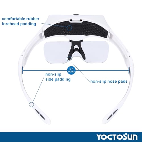 YOCTOSUN Magnifying Glasses with 4 LED Lights, Headband Magnifier with 5 Detachable Lenses 1X, 1.5X, 2X, 2.5X 3.5X -Rechargeable Hands Free Lighted Head Magnifier Glass for Crafts, Cross Stitch, Hobby - color: White