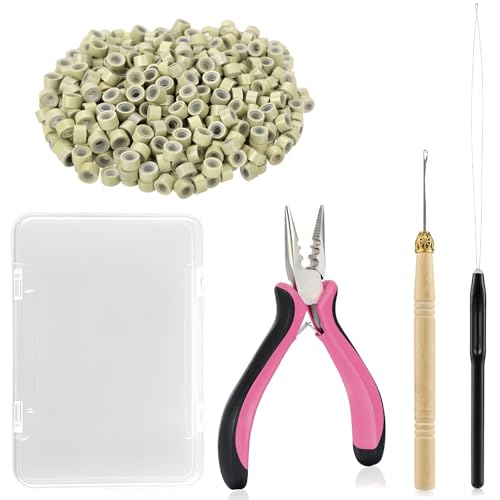 JIAMEISI Hair Extension Tool Kit, 500 Micro Rings Beige - color: Beige