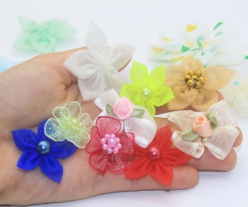 100 Pcs Mixed Ribbon Bows Organza Flowers Lace Beaded Appliques Patches