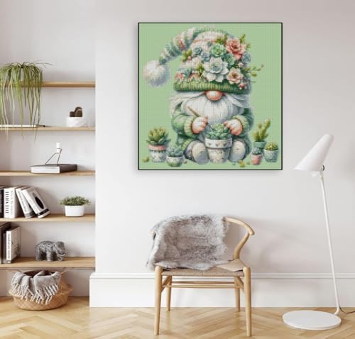 Gnome Succulents Stamped Cross Stitch Kits Cross Stitch Patterns,Dimensions Cross Stitch Kits Embroidery Kit Arts and Crafts for Beginners 13.7x13.7 inch - color: D002