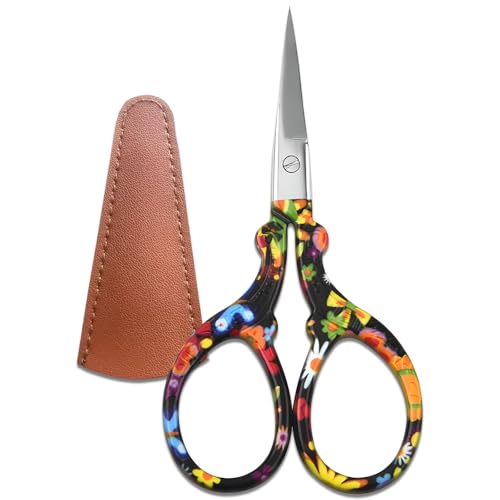 Sharp Embroidery and Crafting Scissors with Leather Cover, 3.62 inch Stainless Steel Scissors for Needlework and DIY Crafts, Black Flower, J5064