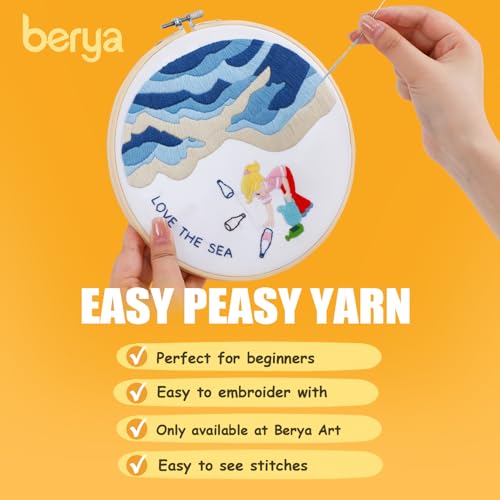 BERYA Embroidery Kit for Adult Beginners, Sea Embroidery Kit with Step-by-Step Instructions and Video, Printed Cloth, 7.87" Hoop, Display Stand, Color Threads and Tools for Craft Lover(BEH001) - color: Blue sea