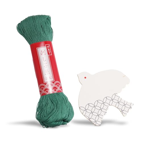 Daruma Sashiko Thread Large Skein, 109 Yards Cotton Japanese Embroidery Thread, Fine or Medium-Weight, with Decorative Thread Card (Medium-Weight, Green) - color: Green, style: Medium-Weight
