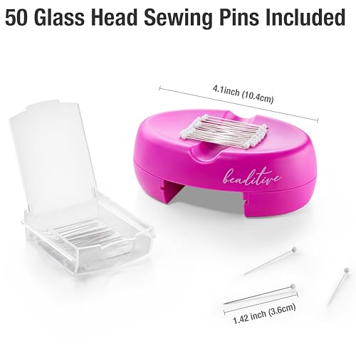 Beaditive Magnetic Pin Cushion with Drawer - Strong Magnet Pin Holder Cushions for Sewing - 50 Glass Head Quilting Pins Included - Chic Pincushion Caddy for Sewing Pins, Paper Clips, Screws – Fuchsia - color: Fuchsia
