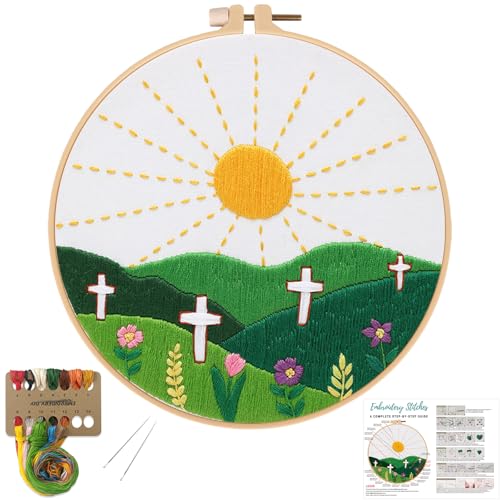 Louise Maelys Christian Cross Sunrise Embroidery Kit for Beginners - color: Easter Sunrise