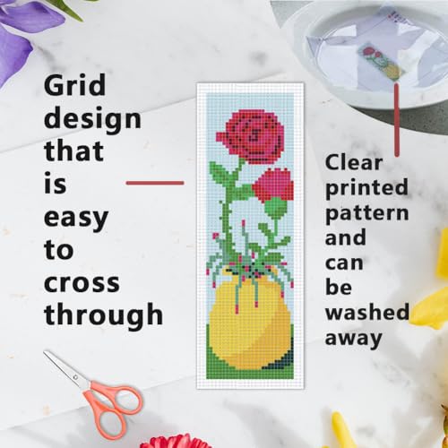 INFUNLY 6PCS/Set Flower Vase Cross Stitch Bookmark Kit 2.99x8.54 Rose Floral Handmade Cross Stitch Bookmarks DIY Embroidery Bookmarks for Readers with Instruction for Starter Adults Book Lovers - style: Flower Vase