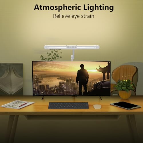 Micomlan Architect Desk Lamp with Clamp, Led Desk Lamp for Home Office with Remote Control, 24W Bright Dimmable Computer Light with Atmosphere Lighting Adjustable Table Light(Remote) - color: Light White