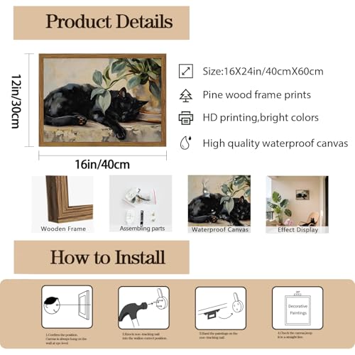 Framed Black Cat Canvas Wall Art, Vintage Sleeping Cat with Plant Picture Wall Decor Paintings, Cute Animal Poster Prints Rustic Aesthetic Home Decor for Living room Bedroom Bathroom 16x24 inch - color: Black Cat, size: 24"L x 16"W