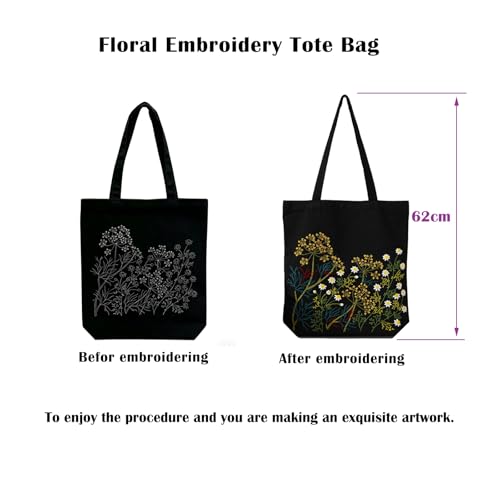 Vigdit Canvas Tote Bag Embroidery Kit for Beginners, Needlepoint Cross Stitch Kit for Adult Beginner, DIY Reusable Grocery Bags Embroidery Starter Kit with Stamped Floral Tools & Instructions - color: Flower5