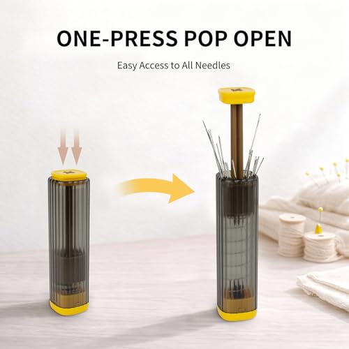 Pop-Up Needle Box Magnetic Needle Case, Sewing Needles Dispenser with 18Pcs Sewing Needles 3 Sizes and 2-in-1 Seam Ripper and Threader, Compact Sewing Kit Portable Basic DIY Home Repair - color: Yellow