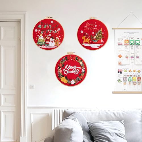 Offizon 3 Sets Embroidery Kit for Beginners Adult DIY Cross Stitches - color: Christmas Red