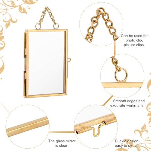 OLYCRAFT 6Pcs Wall Hanging Mini Photo Frames 2x3 Inch Double Glass Picture Frame with Chain Brass Folding Frame DIY Vintage Artwork Display Frames for Pressed Flowers Pictures Home Wall Decor - size: 2x3 Inch