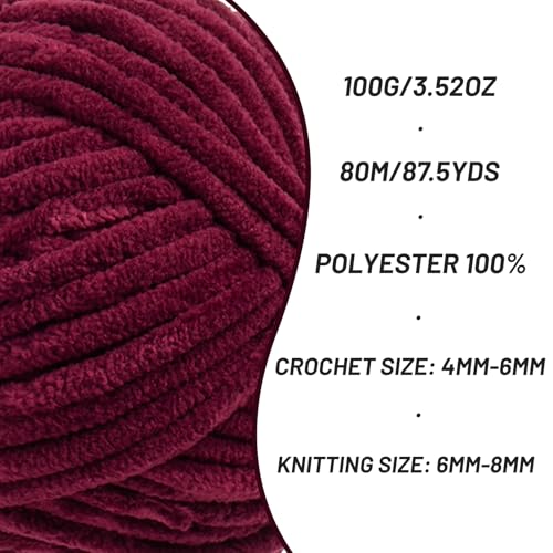 Chenille Blanket Yarn for Crocheting Size 5 Bulky Yarn 3 Burgundy - color: 3 Burgundy