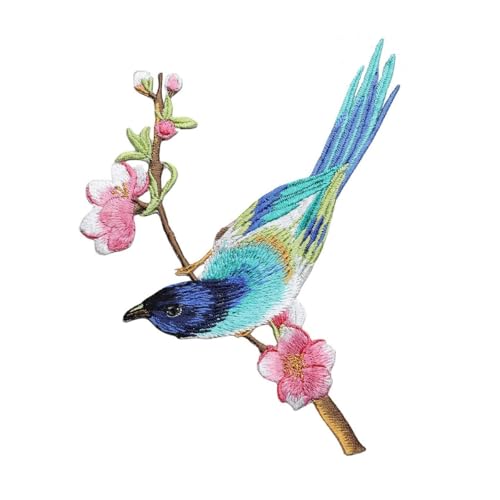 Iron/Sew on Applique Repair Patches, Multicolor Bird on Plum Branch Patch - color: Multicolor Bird on Plum Branch