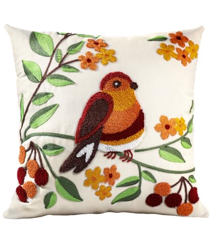 Embroidered Throw Pillow Cover, 20x20 Inch, Bird Branch - color: Tree Bird, size: 20" x 20" (Pack of 1)