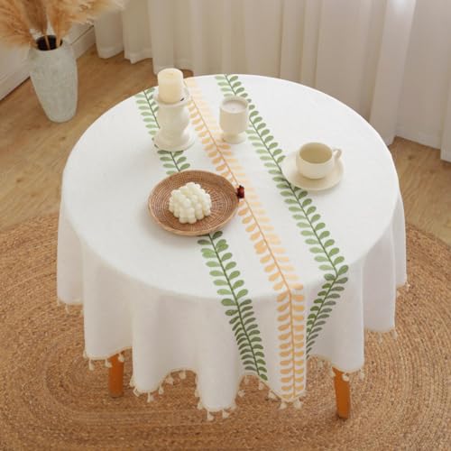 AMZALI Round Tablecloth Embroidery Leaf Pattern Wrinkle Free Heavy Weight Cotton Linen Farmhouse Tablecloth Decorative Fabric Tassel Table Cover for Outdoor and Indoor Use - color: Color Leaf, size: 60" (Round)
