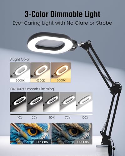 Square Magnifying Desk Lamp, Magnifying Glass with Light and Stand